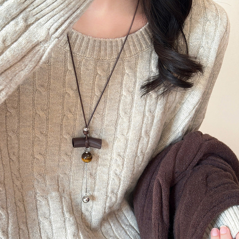 Women's Retro Tigereye Tassel Unique Niche Sweater Necklace