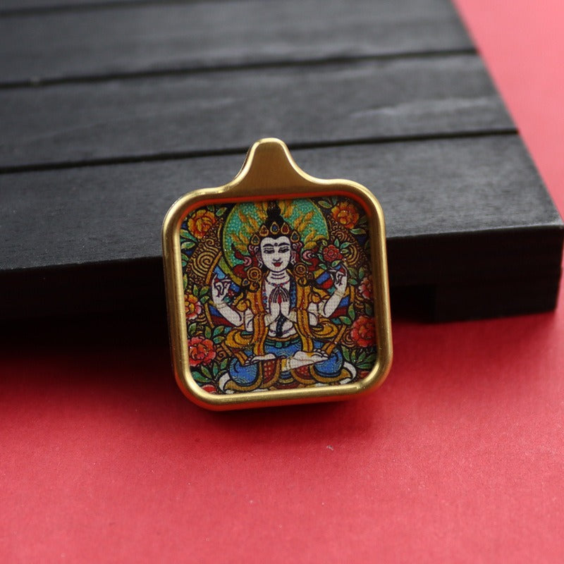 Tibetan Square Hand Painted Golden Outline Eight Patron Pendants