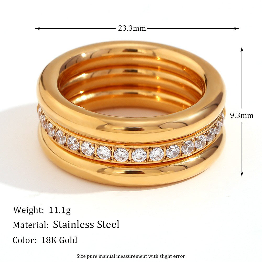Women's Zircon Simple Three-piece Stainless Steel Gold Plated Light Luxury Ring