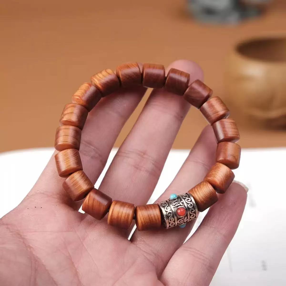 Black Oil High Density Wooden Prayer Beads Gentiana Pattern Bracelet