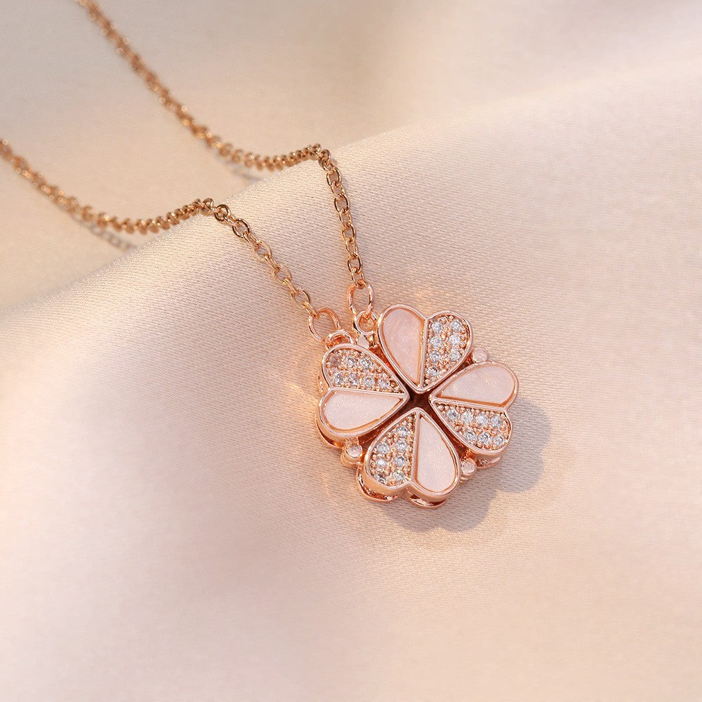 Women's Steel Cross Chain Open Close Four-leaf Flower Necklace