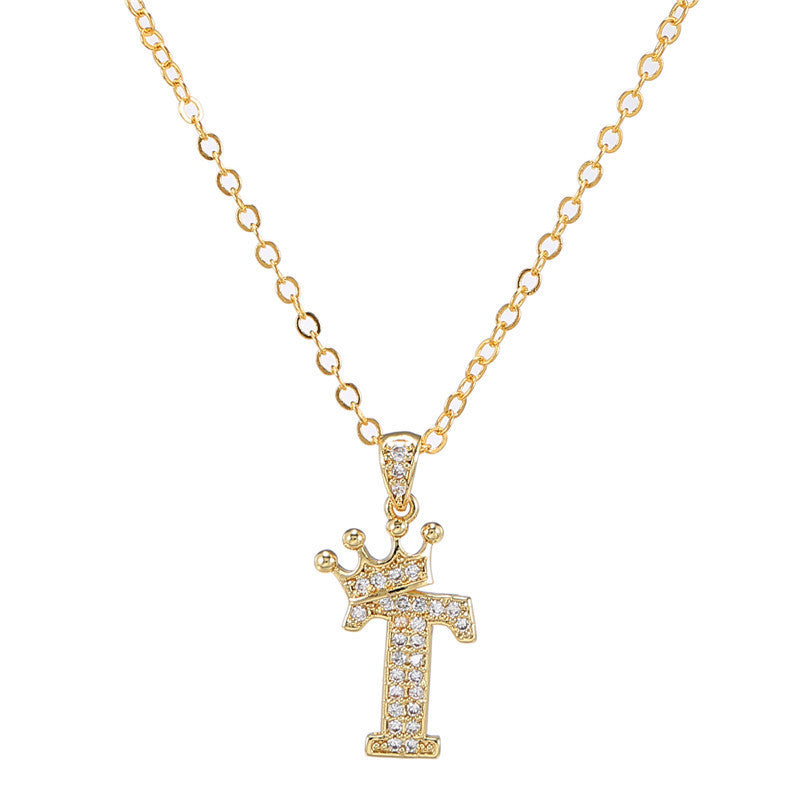 Zircon Crown English Letter Design Gold Clavicle Necklace
