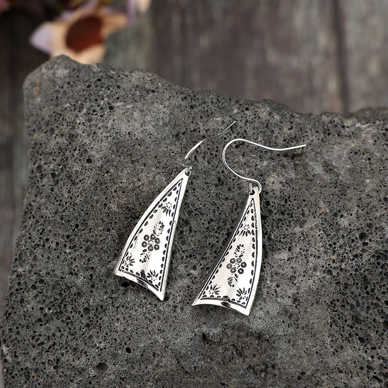 Women's Bohemian Retro Triangle Sier Ethnic Style Carved Niche Design Earrings