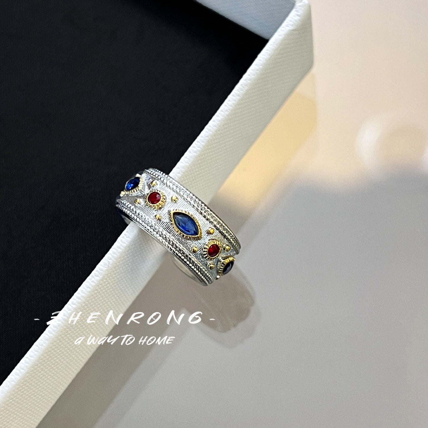 Women's Lux Colored Gems Black Enamel Craft Diamond Emerald Antique Rings