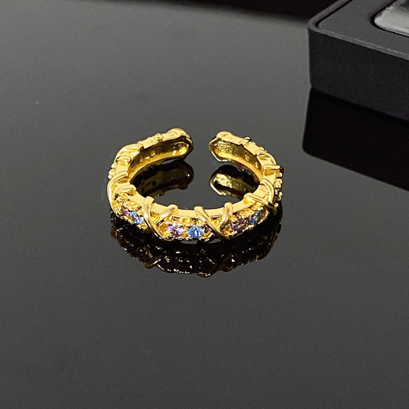 French Entry Lux Cross Colorful Crystals Open Rings
