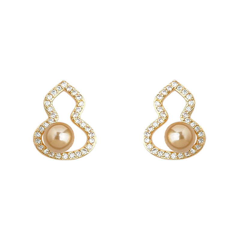 Sier Needle Gourd Coffee Champagne Pearl Old Money Style Chinese Earrings