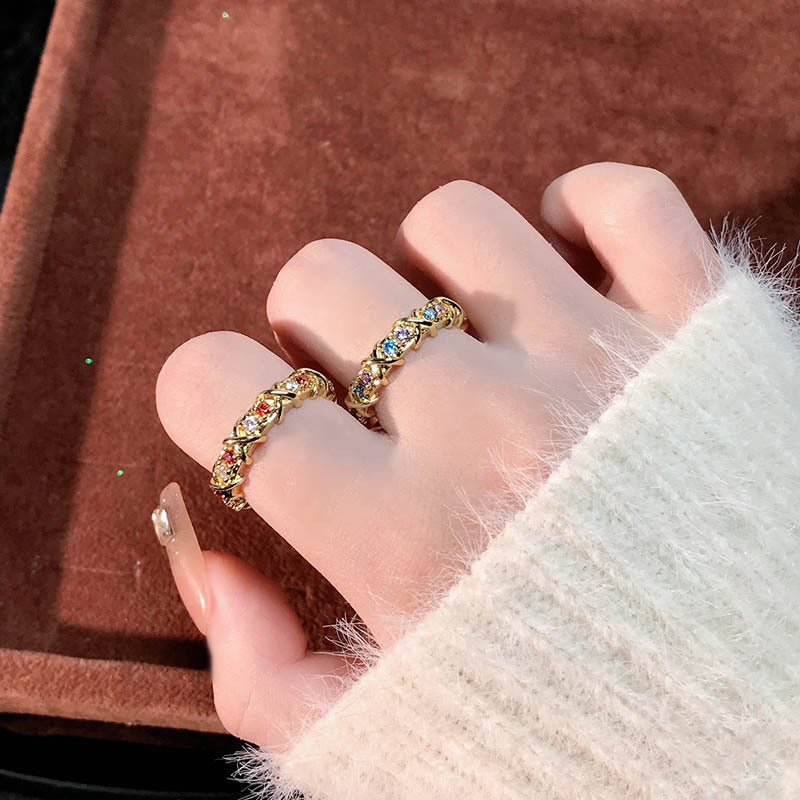 French Entry Lux Cross Colorful Crystals Open Rings