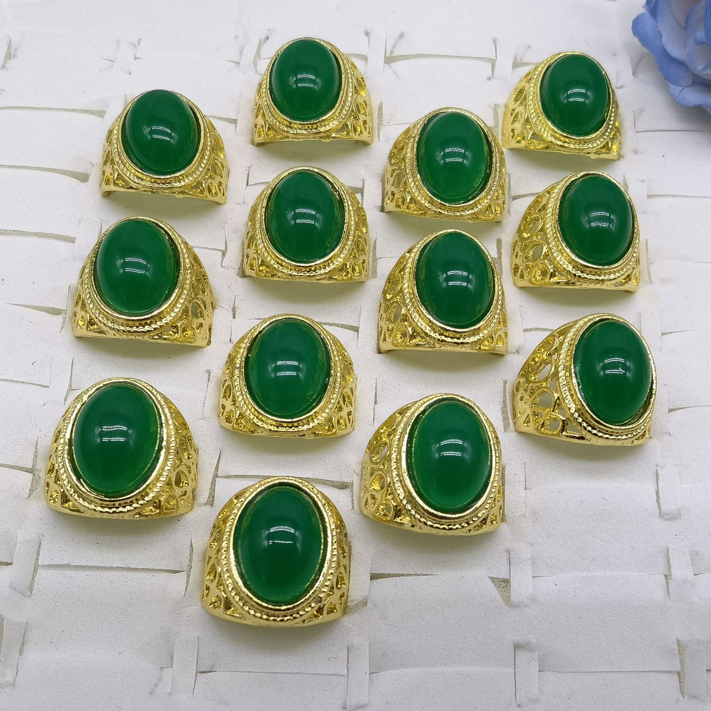 Men's Imitation Gold Green Agate Gemstone Live Streaming Welfare Rings