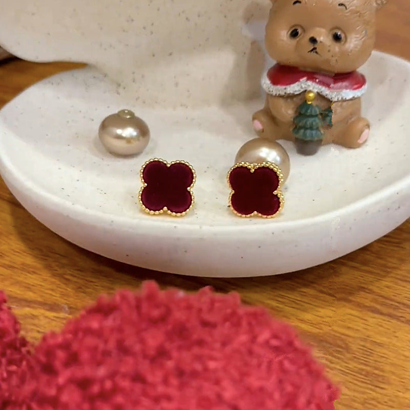 Women's Red Four-leaf Flower For Design Sier Pin Classic Versatile Earrings