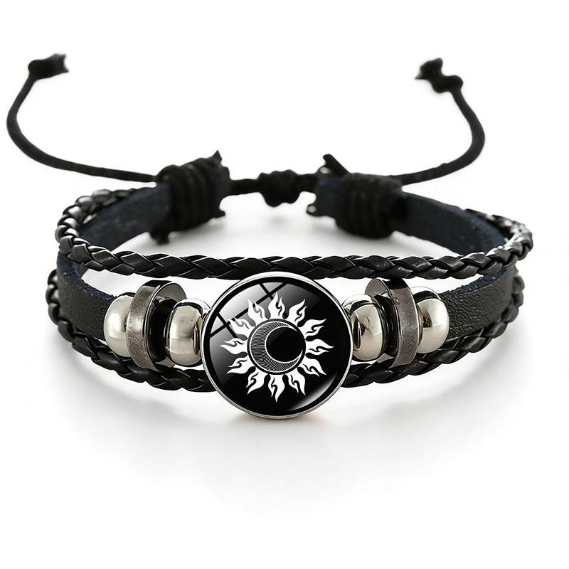 Sun Moon Lovers Time Stone Leather Unisex Woven Couple Gift Bracelet