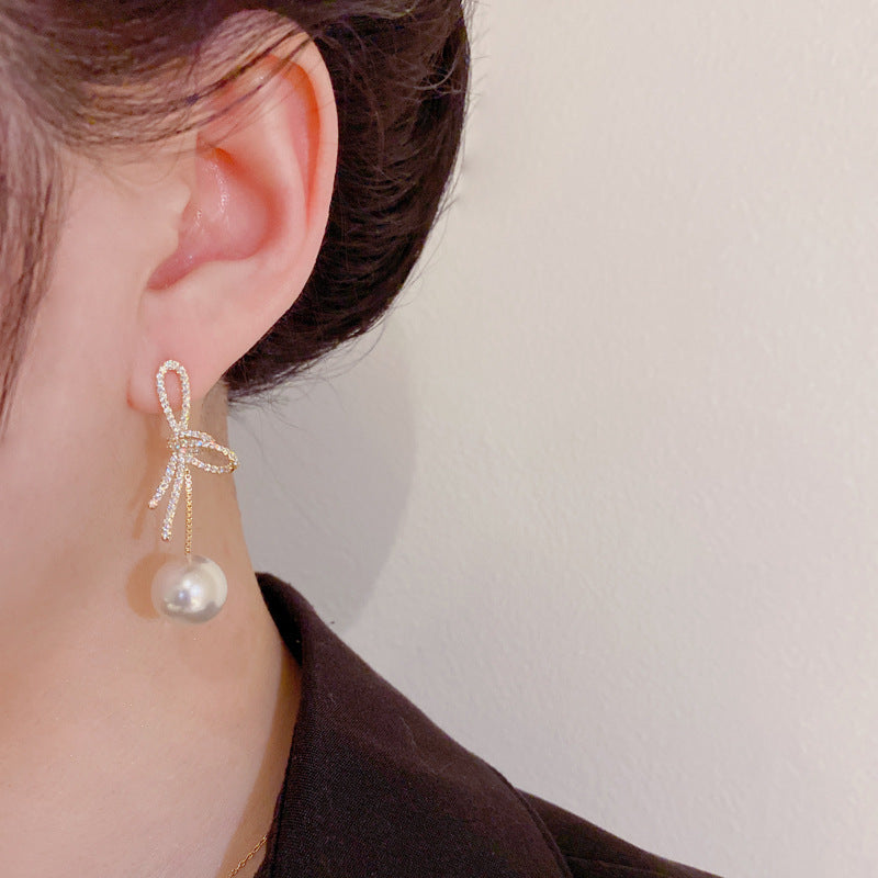 Affordable Luxury Fashion Micro Inlaid Zircon Bow Pearl Personality Thin Earrings