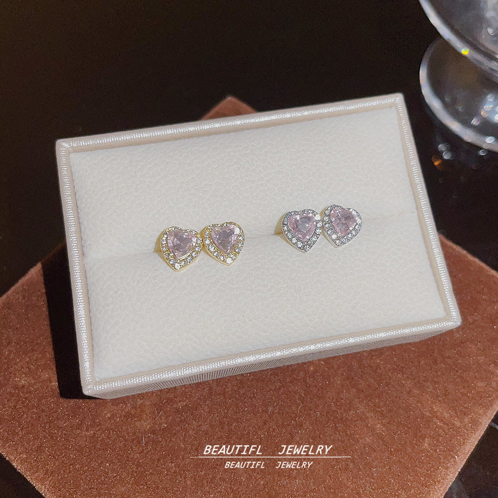 Women's Small Pink Zirconium Love Heart Delicate Earrings