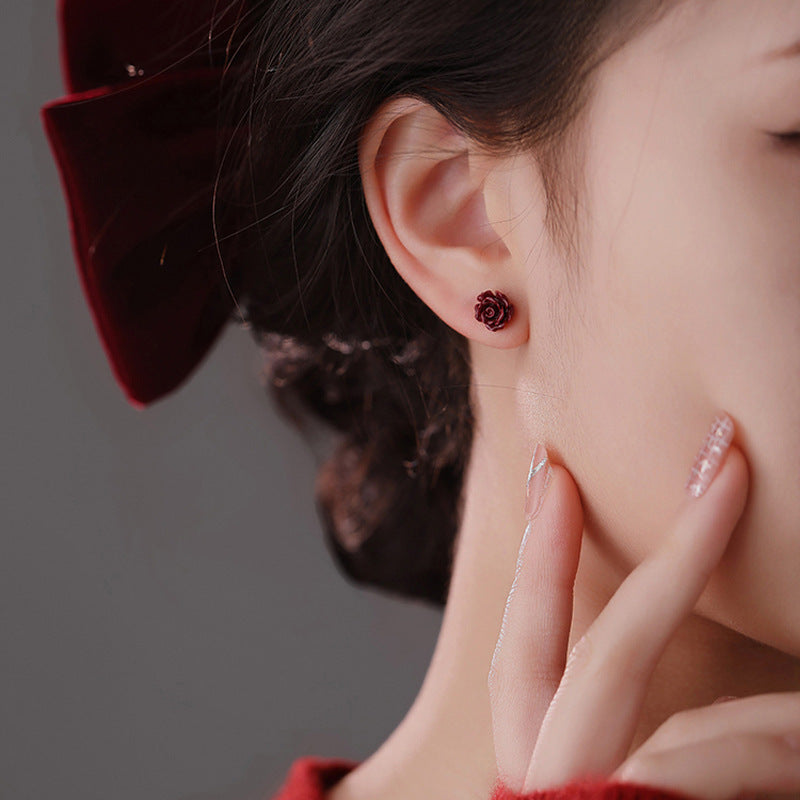 Broadcast Style Original Red Three-dimensional Flower Ear Earrings