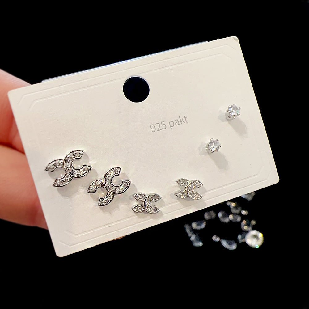 One Card Three Pairs Sier Needle Earrings