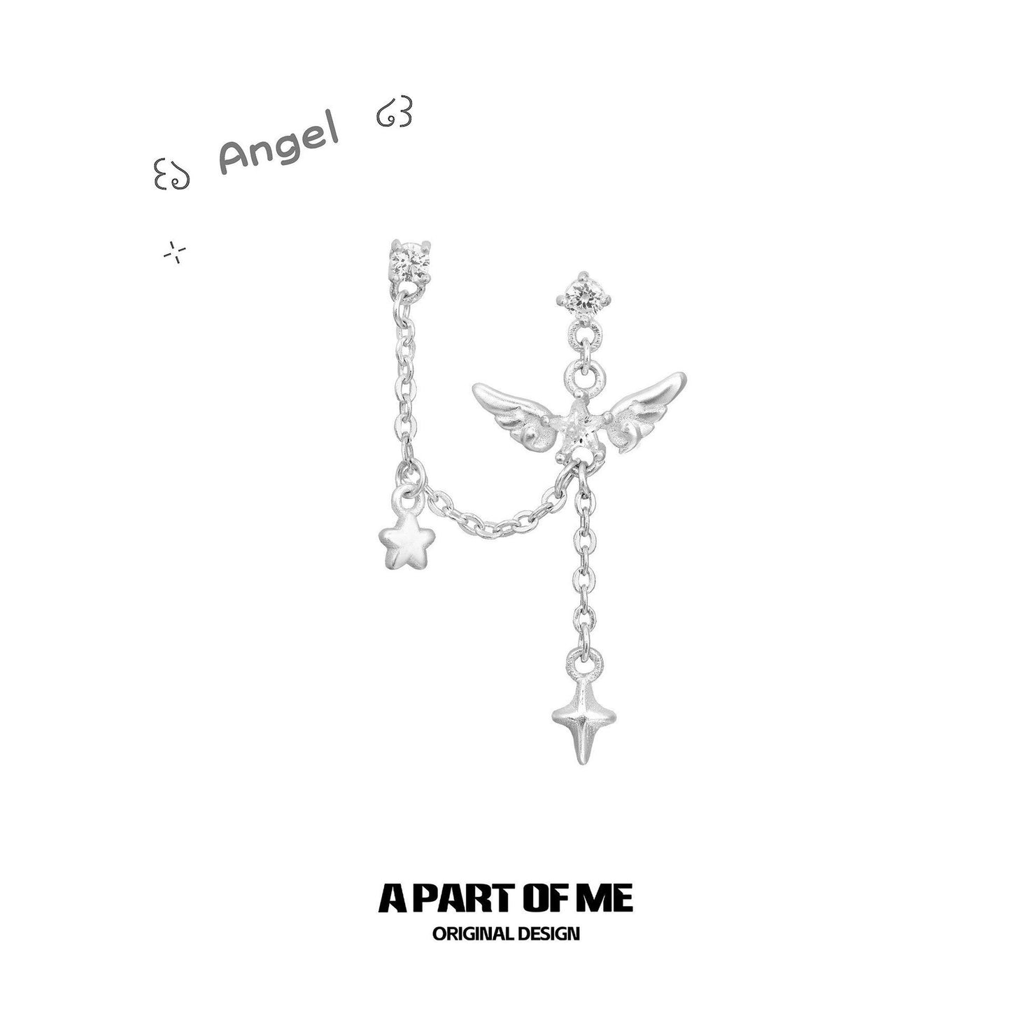 Double Ear Chain Pure White Angel Stud Earrings