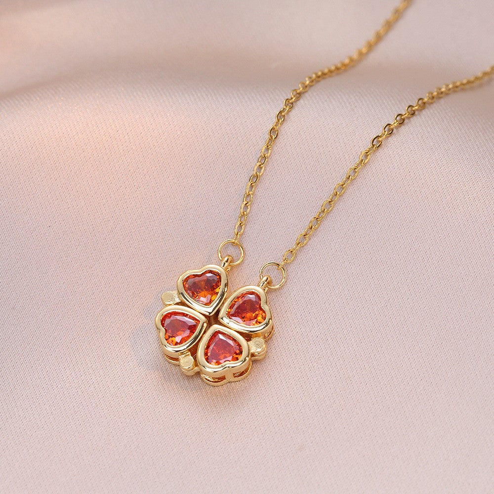 Women's Steel Cross Chain Open Close Four-leaf Flower Necklace