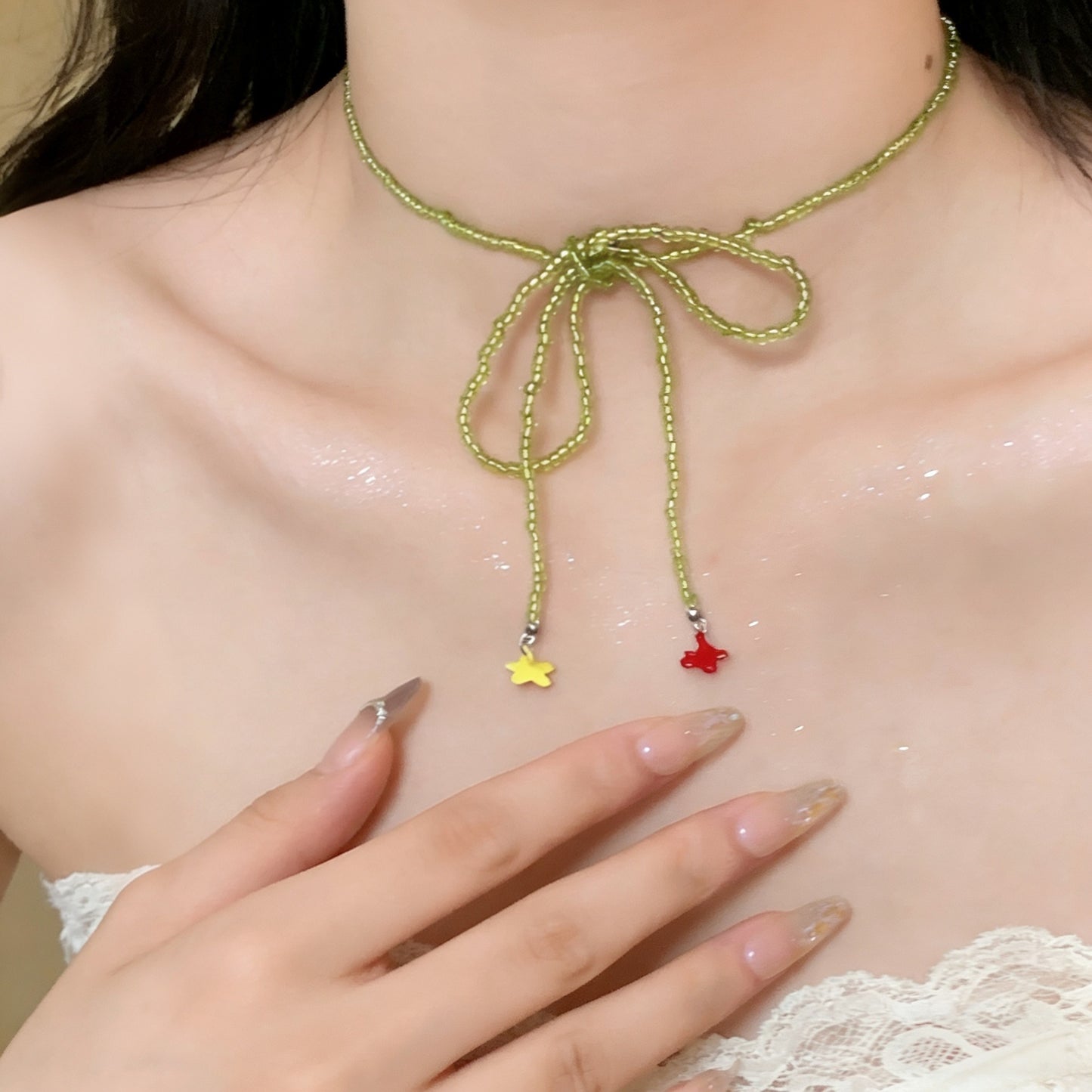 Green Beads Stringed Sweet Bow Flower Tassel Niche High Class Necklace