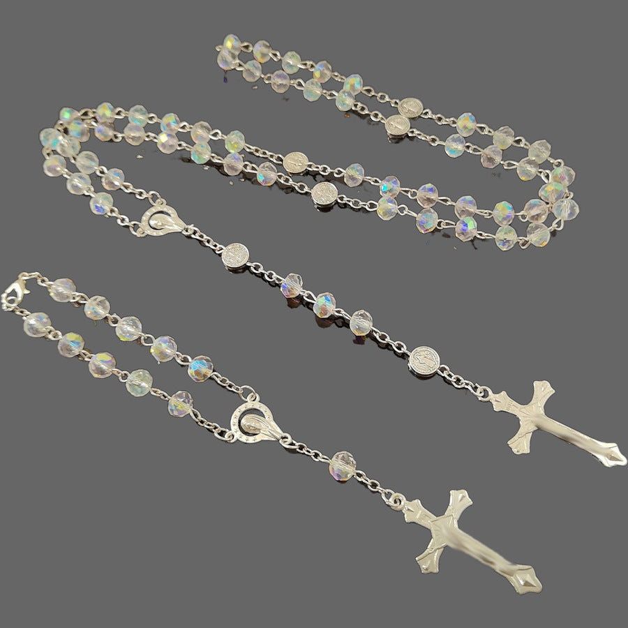Crystal Cross Rosary Long Sweater Chain Necklace