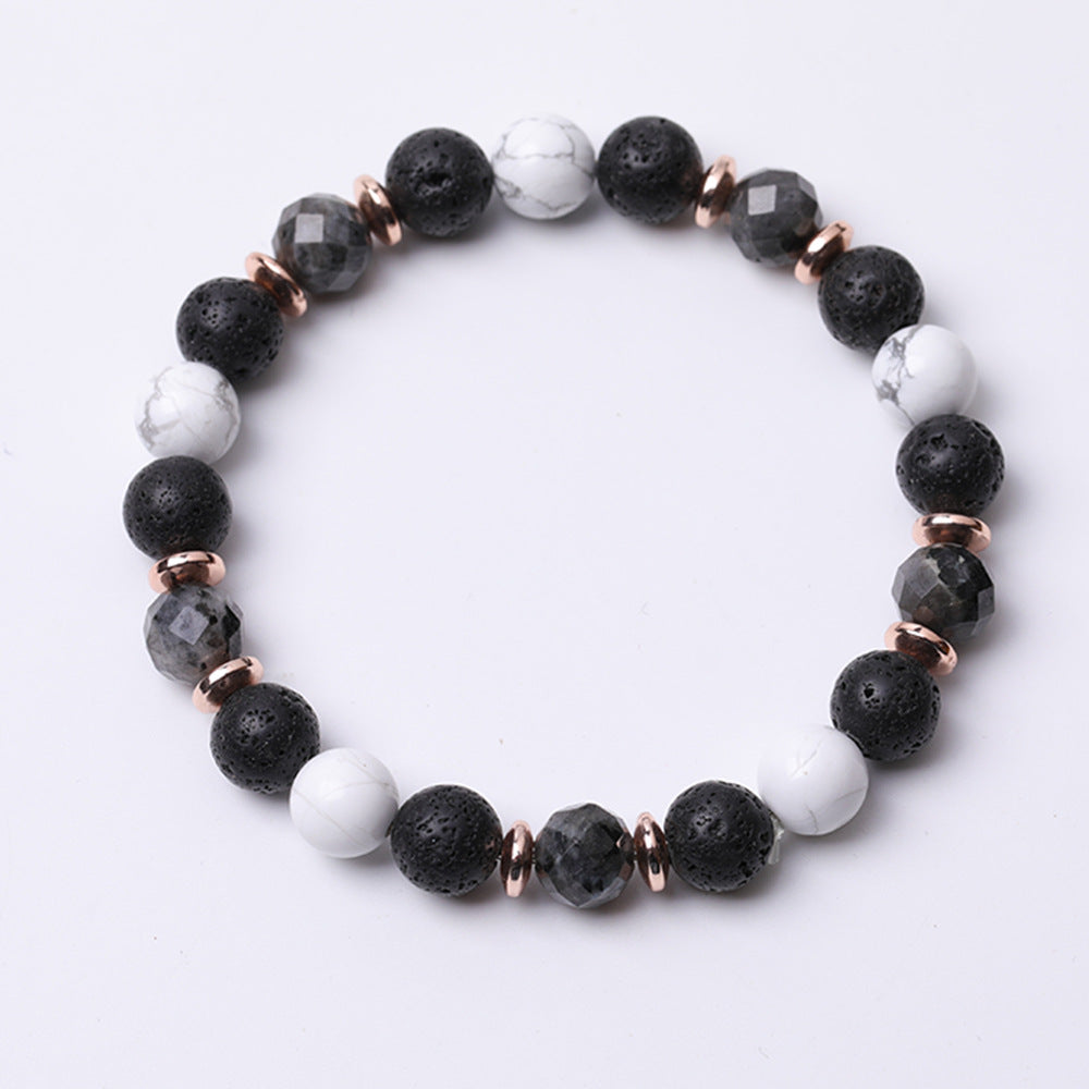 Women's & Men's Black Flash Mixed White-barked Pine Volcanic Rock Diamond-shaped Iron Ore Bracelets