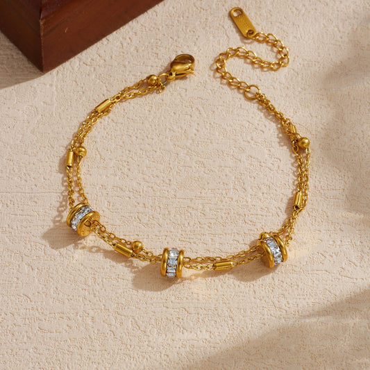 Fashion High-grade Gold-plated Twin Chain Stainless Steel Round Hand Bracelet