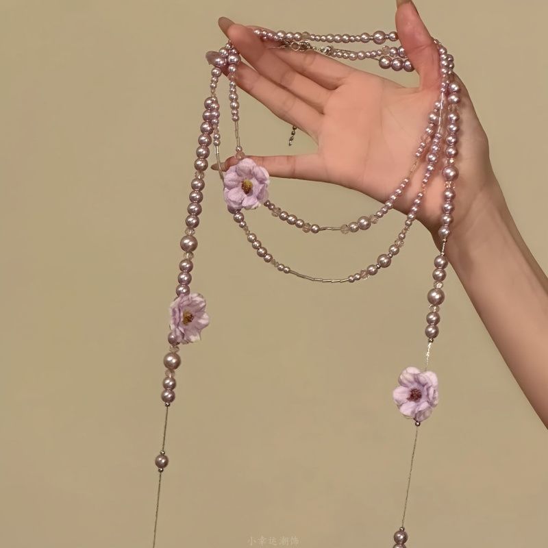 Romantic Purple Flower Pearl Long Twin Necklace