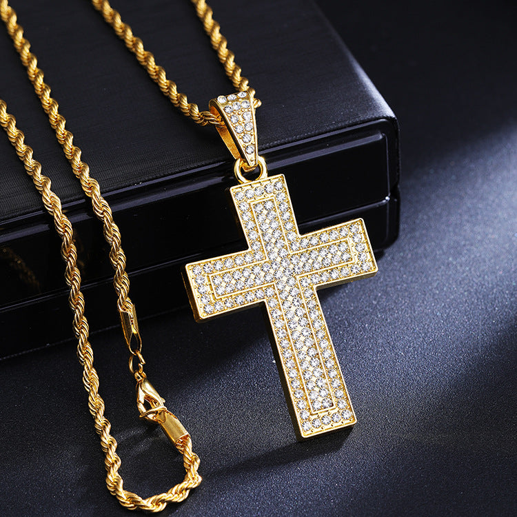 Full Diamond Cross Long Titanium Steel Hemp Flowers Necklace