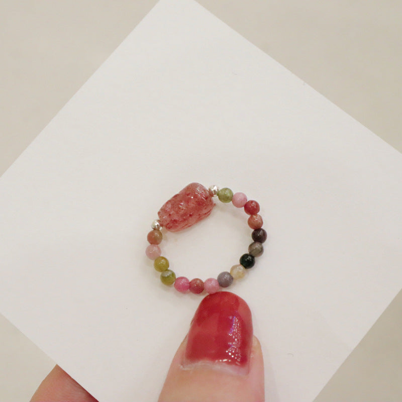 Women's Crystal Pearl Tourmaline Strawberry Elastic Simple Rings