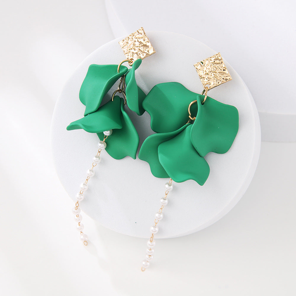 Style Red Blue Colorful Petals Pearl Long Trend Earrings