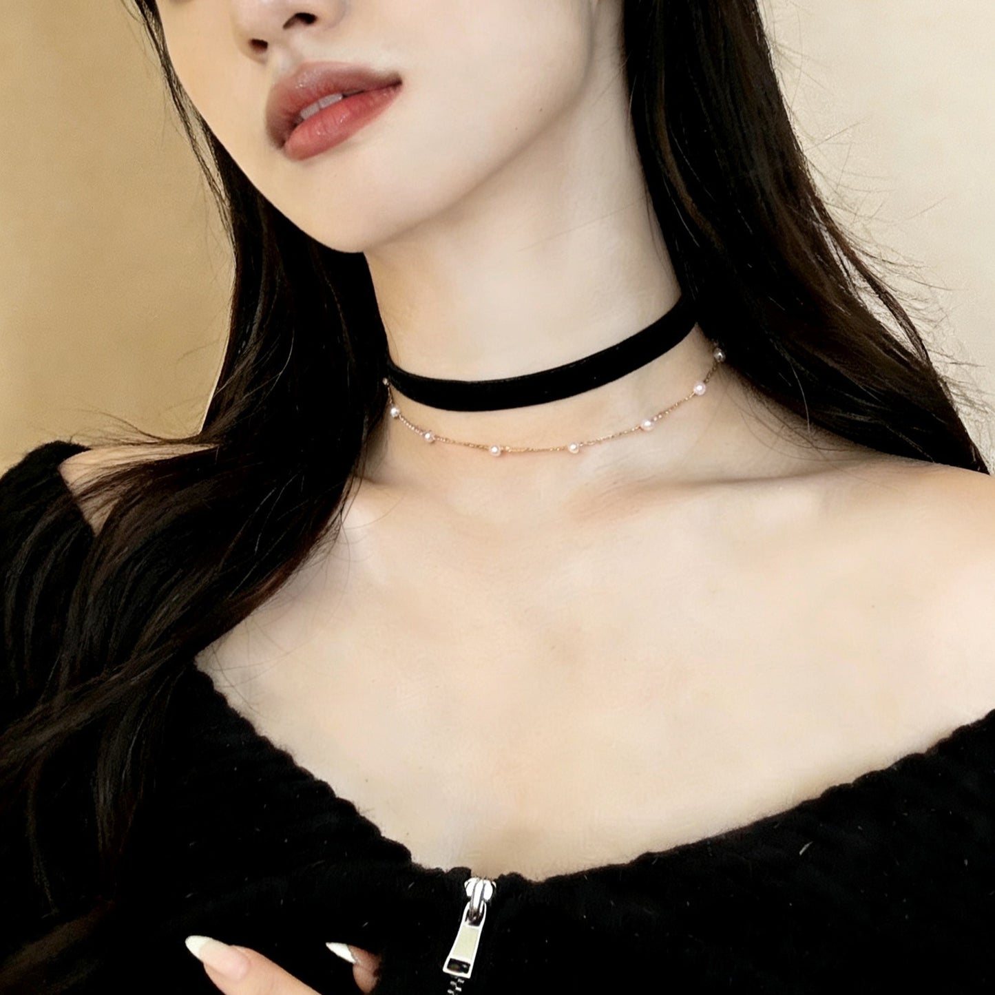 Burgundy Veet Neckband Vintage Toast Clothing Neck Simple Pearl Chain Necklace