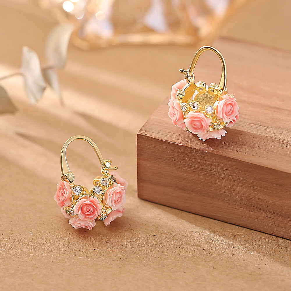 Gentle Pink Rose Flower Basket Ear Clip Design Earrings