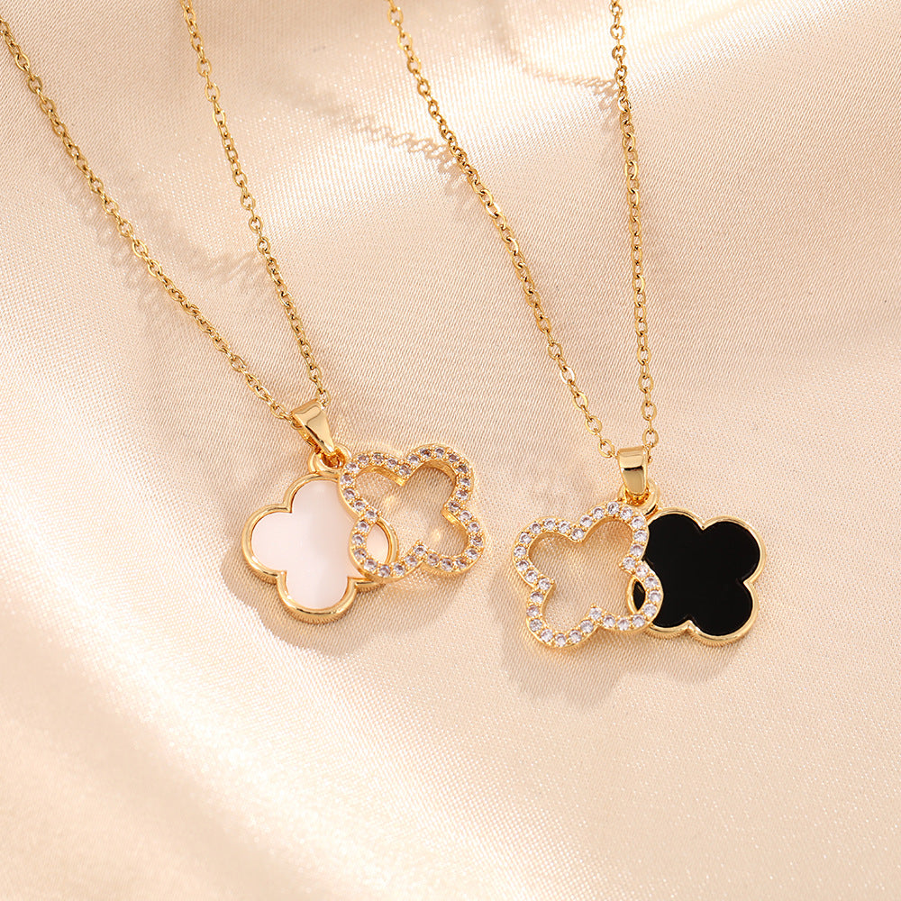 Women's Hollow Black White Four-leaf Flower Clavicle Chain Necklace