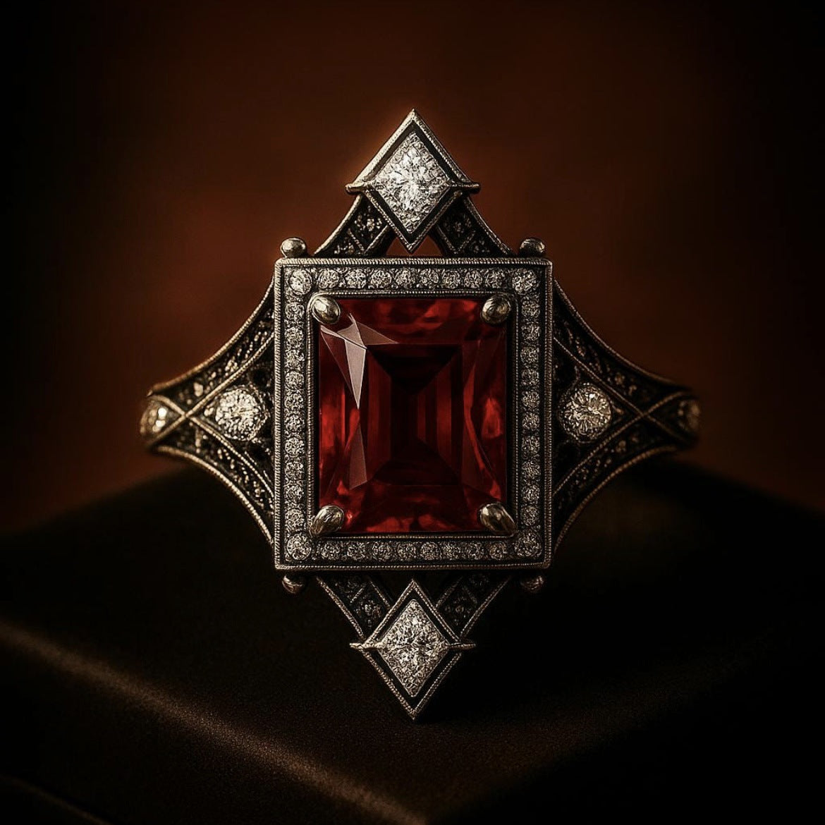 Women's Retro Sier Inlaid Red Square Diamond Ring