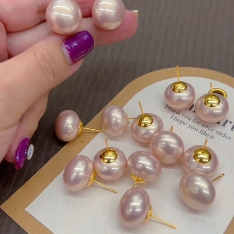 Pink Steamed Bread Pearl Female Design French Style Temperament Stud Earrings