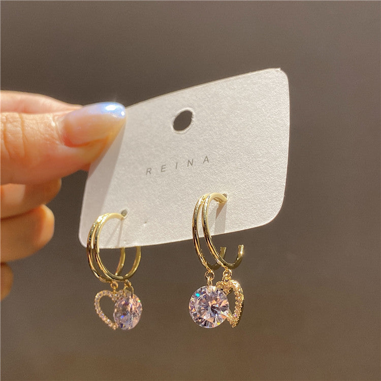Double Circle Love Girly Temperamental Sier Needle Rhinestone Small Earrings