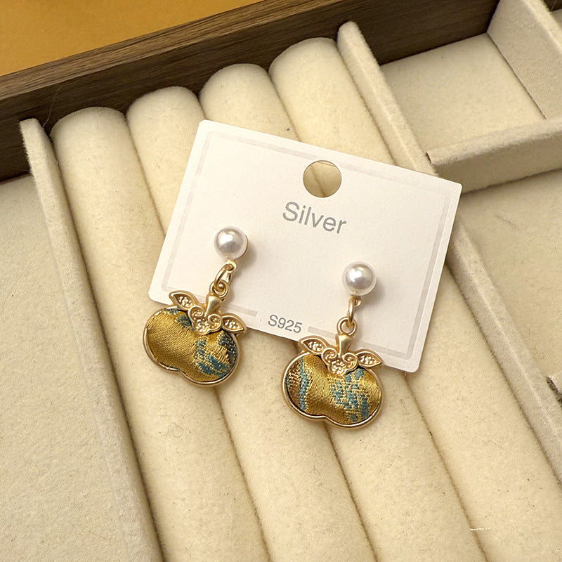 Style Song Dynasty Brocade Lucky Persimmon Sier Needle Ancient Auricular Earrings