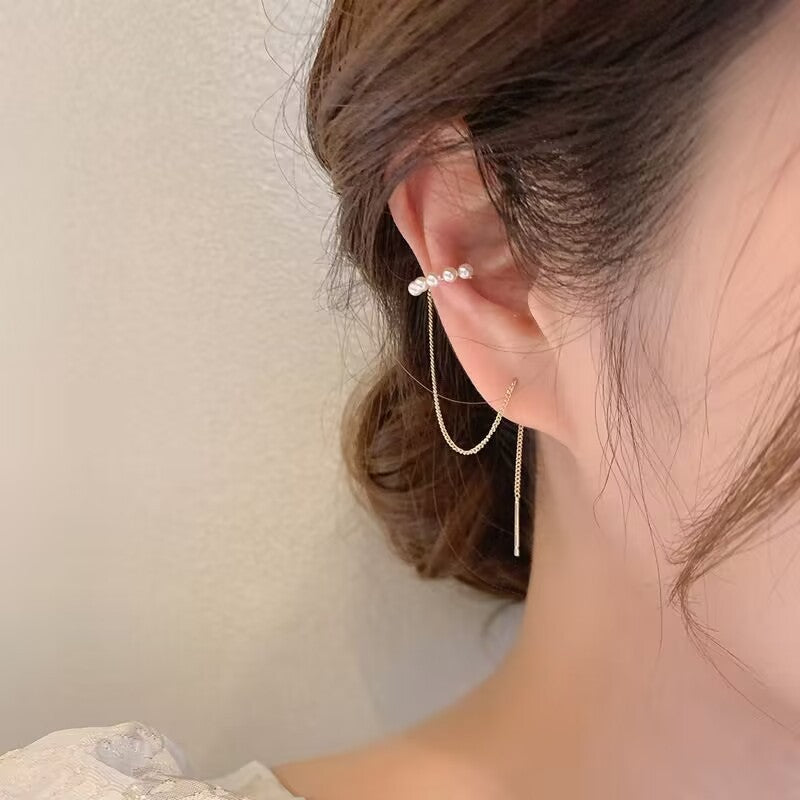 Korean Style Sier Personality Simple Chain Female Small Pearl Temperamental Earrings