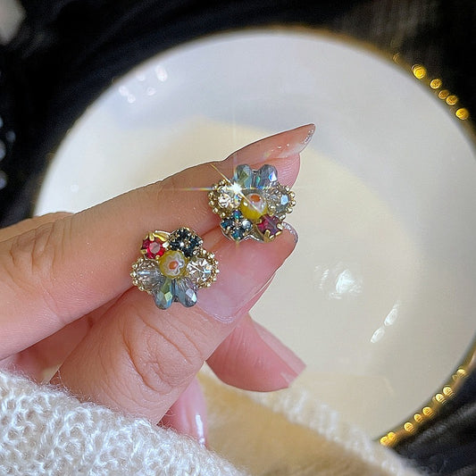 Women's Flower For Sier Needle Niche Temperament Exquisite Contrast Stud Earrings