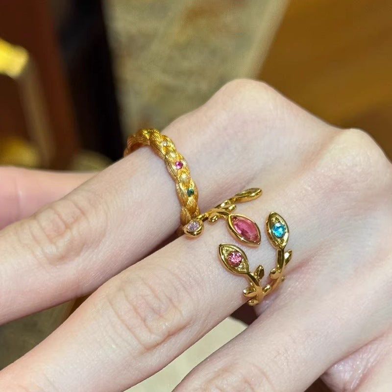 Flower Branch Open Female Twin Twist Weave Imitation Gold Index Ring