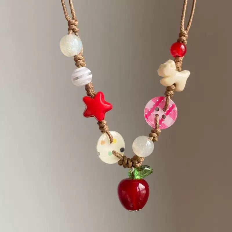 Ceramic Apple Braid Rope Beaded Female Niche Necklaces