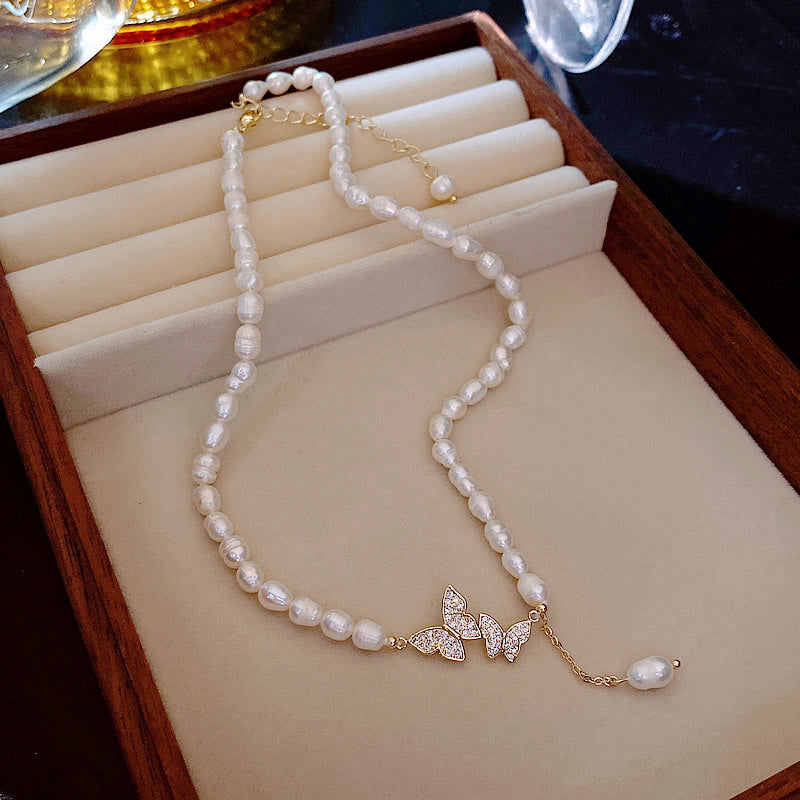 Women's Grain Freshwater Pearl Micro Inlaid Zircon One-piece Necklaces