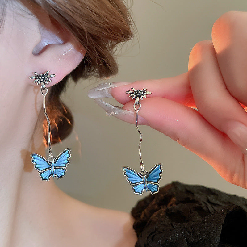 Needle Blue Butterfly Drop Oil Diamond Artistic Temperamental Affordable Earrings