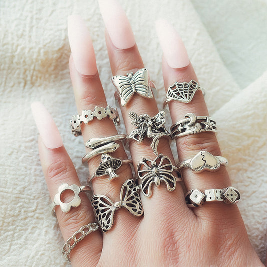 Exaggerated Mushroom Flowers In Chains Moon Heart Butterfly Rings