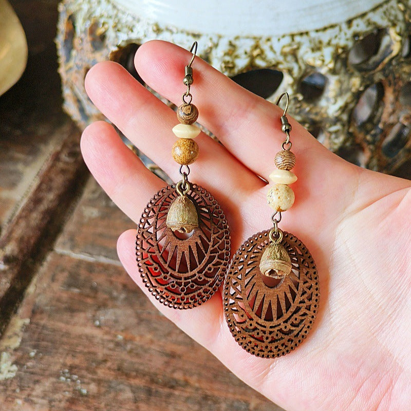 Style Retro Minority Mori Bohemian Indian Wandering Hollow Wood Grain Earrings