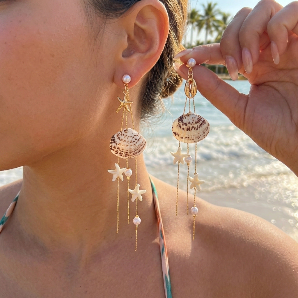 Bohemian Style Summer Seaside Beach Pearl Shell Long Earrings