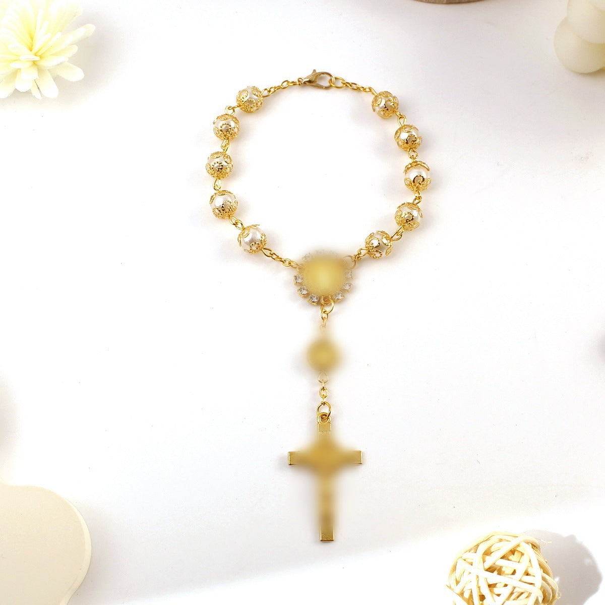 Gold Sier Color Lace Artificial Glass Pearl Baptism Cross Beaded Bracelets