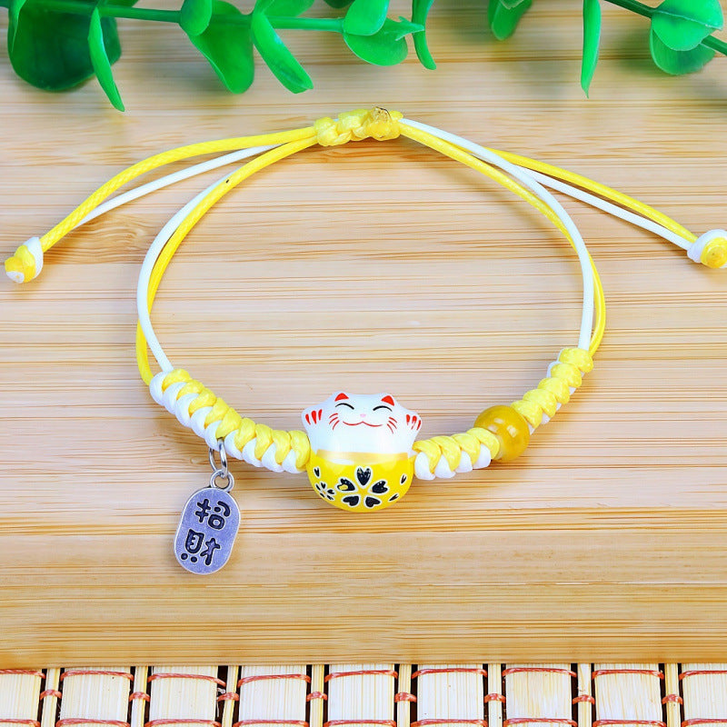 Ethnic Style Hand-woven Lucky Fortune Ceramic Cat Wax Line Double Bracelet