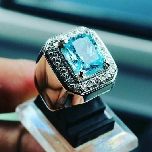 Men's Aquamarine Personalized Luxury Diamond Fashion Sier Exaggerated Ring
