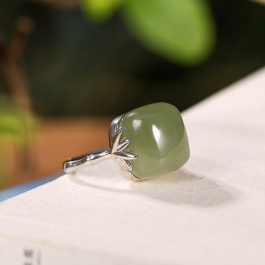 Women's Style Sier Plated Imitation Gray Jade Retro Elegant Bamboo Ring