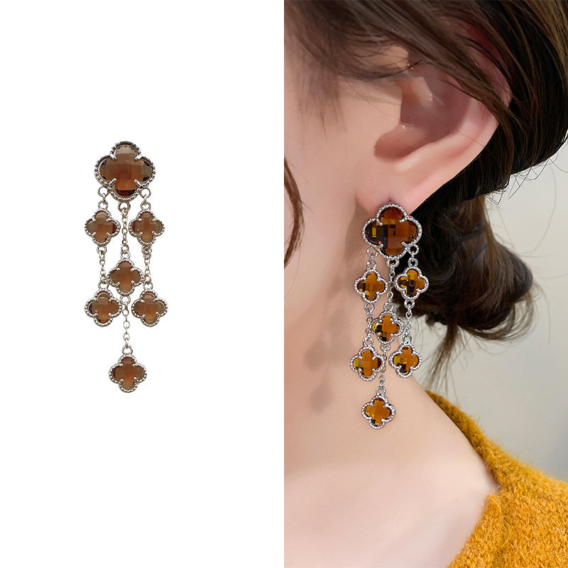 Gold Electroplated Glass Flower Tassel Retro Light Luxury Earrings