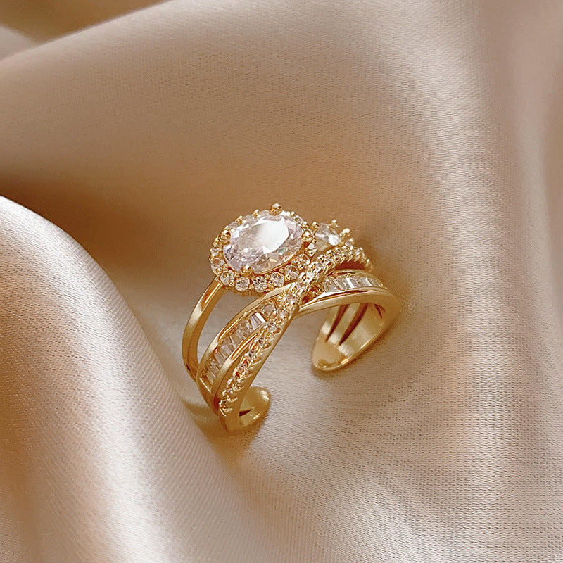 Real Gold Electroplated Zircon Buckle Light Luxury High Sense Index Ring